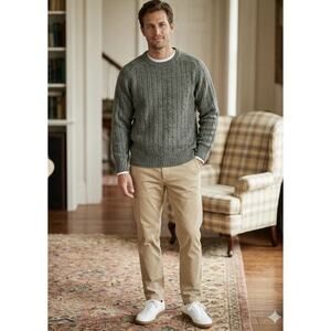 Garret Scott 100% Shetland Wool Sweater Ribbed Knit Crewneck Olive Green XL